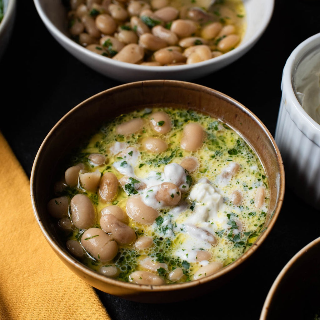 Brothy beans with gremolata and Greek yogurt