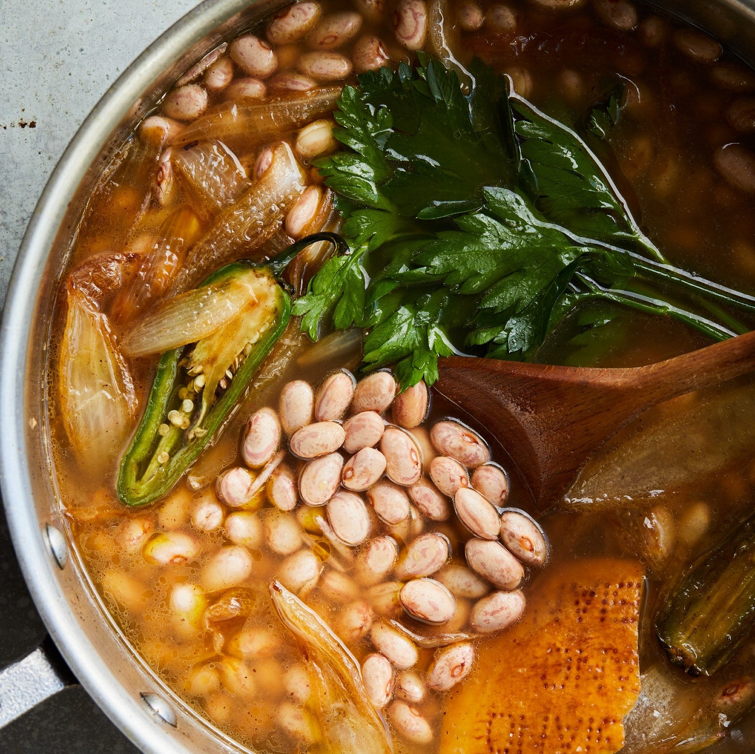 Alexis deBoschnek's spicy brothy bacony beans with Primary Beans Cranberry beans