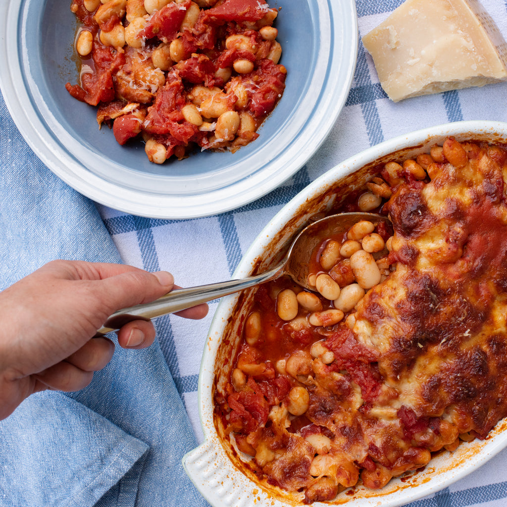 Cheesy baked beans in tomato sauce recipe with Primary Beans Organic Ayocote Blanco beans
