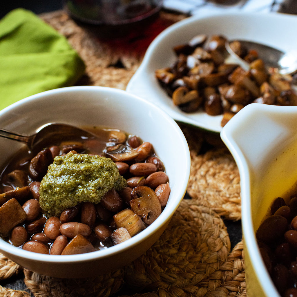 Brothy beans with sauteed mushrooms and sage pesto with Primary Beans Cranberry beans