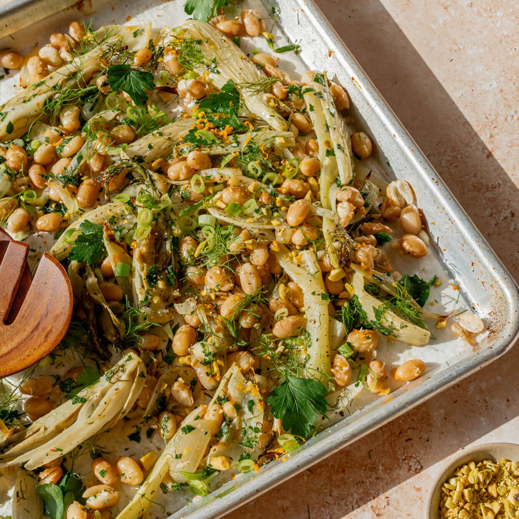 Sheet-pan roasted fennel with Primary Beans Mayocoba beans
