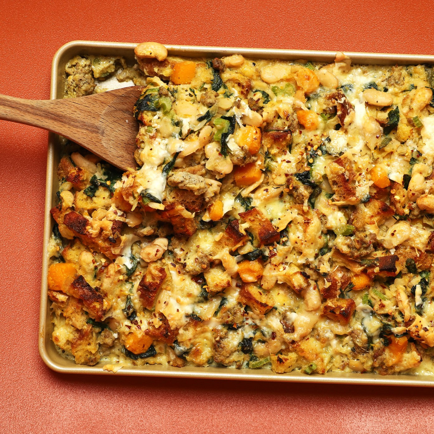 Hearty stuffing with white beans, butternut squash, and sausage