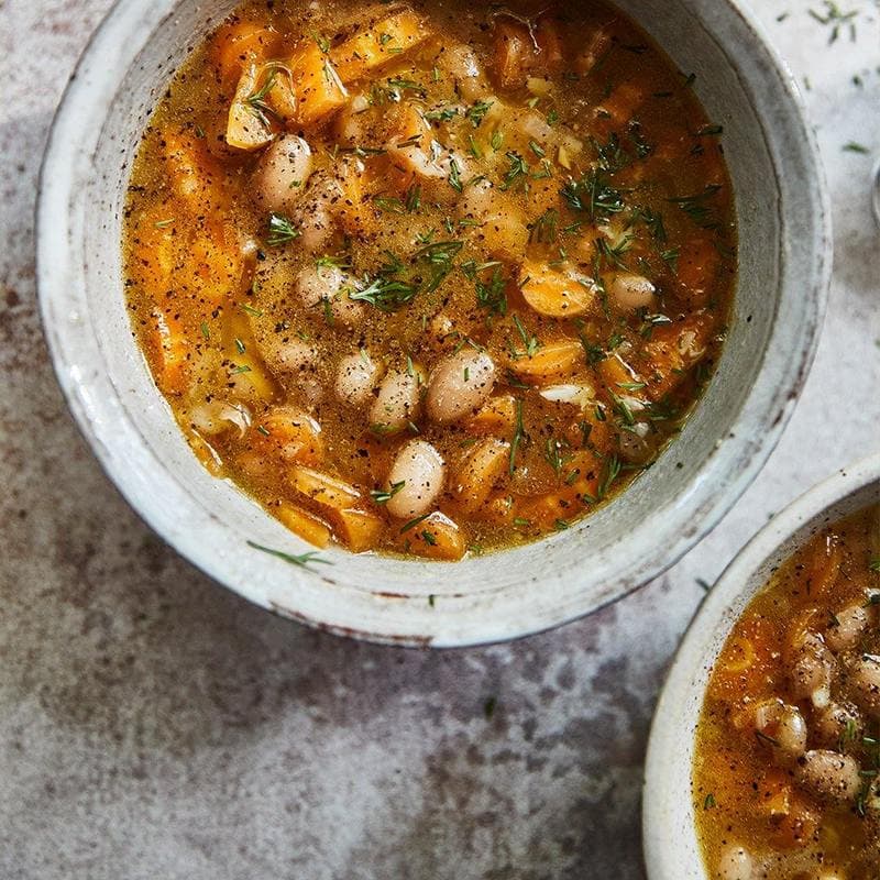 Carrot-bean soup with miso and dill with Primary Beans Mayocoba beans