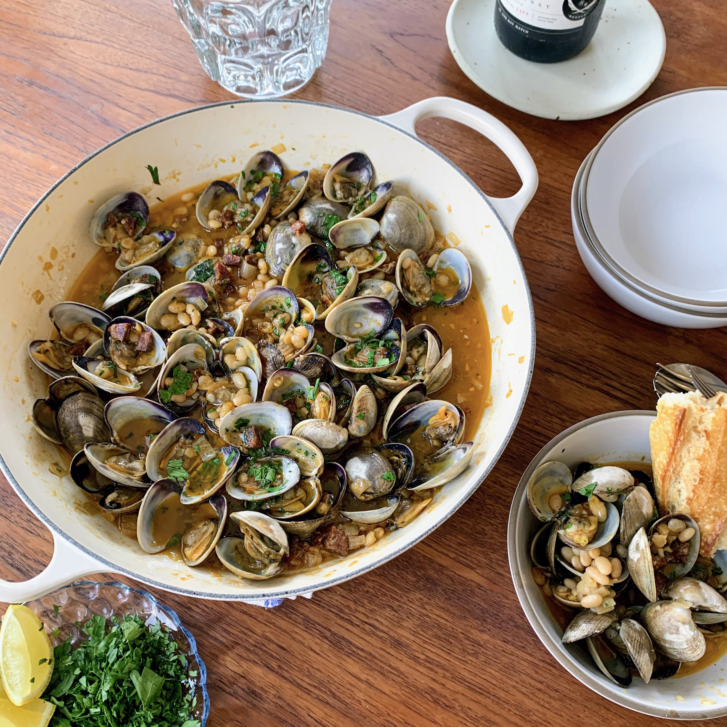 Clams with Alubia beans and Spanish Chorizo with Primary Beans Organic Alubia beans